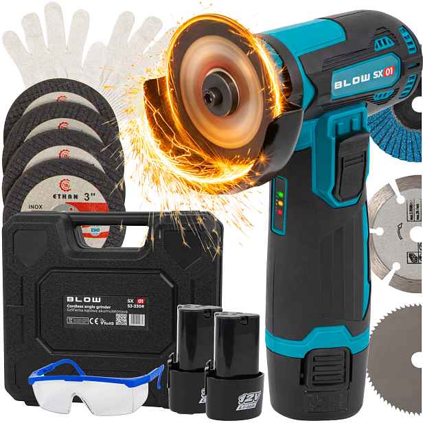Úhlová Bruska Akumulátorová Gumová 900W 12V 19500 Rpm 2x Aku 7x Kotouč