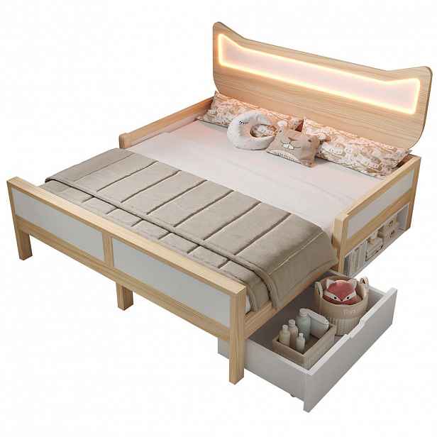 CHICFURN DĚTSKÁ POSTEL 140/200 cm v bílé a dubové barvě s RGB LED a úložným prostorem