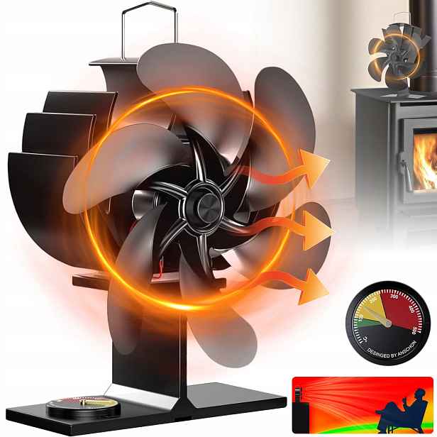 6-LOPATKOVÝ Termoelektrický Krbový Ventilátor Napájený Teplem, Černý
