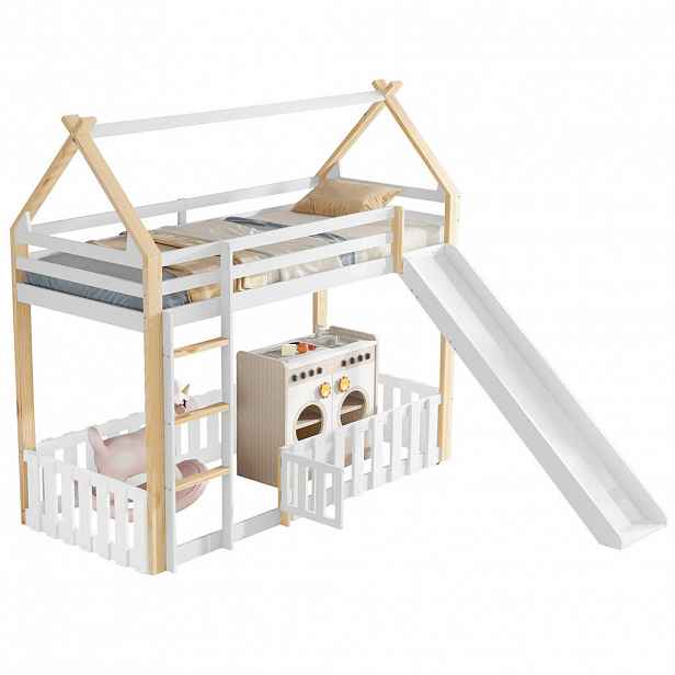 CHICFURN VYVÝŠENÁ POSTEL 90/200 cm v bílé a přírodní barvě se skluzavkou