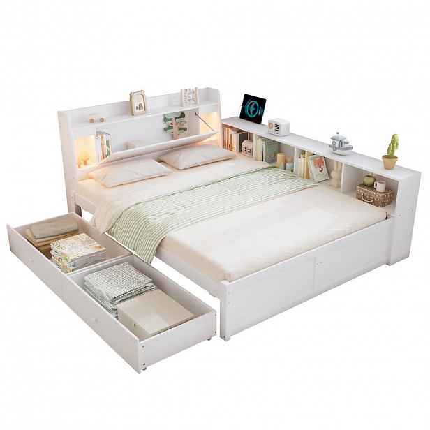 CHICFURN POSTEL 140/200 cm v bílé barvě s úložným prostorem, osvětlením a nabíjecím portem