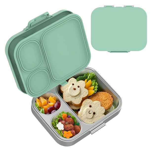 Lunchbox 1000 ml Vzduchotěsný Bento 3 komory Silikonové víko Zelená