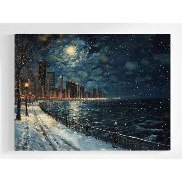 Plakát Noc Panorama Chicago Zima Sníh Hvězdy 100x75