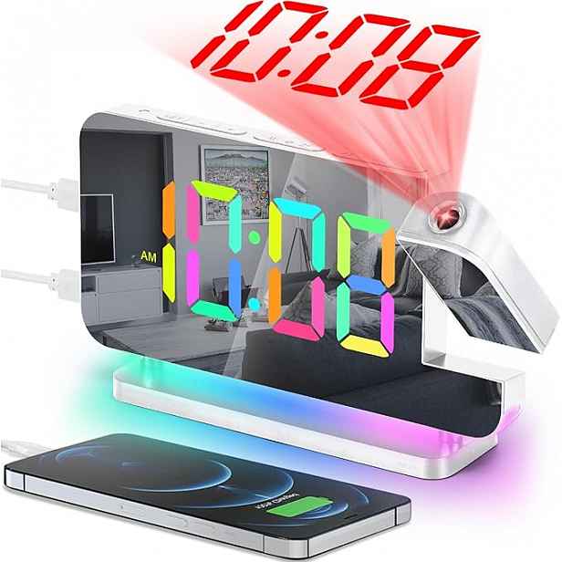 Digitální Budík S Rgb Led Podsvícením A Projektorem, Zrcadlový Budík, Bílý