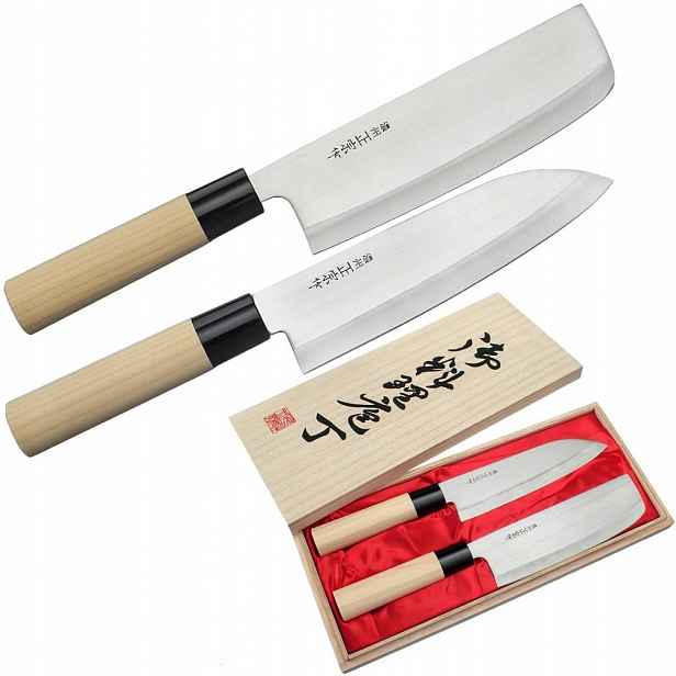 Satake Megumi 420J2 Japonská sada 2 nožů Santoku 17 cm a Nakiri 16 cm Pouzdro