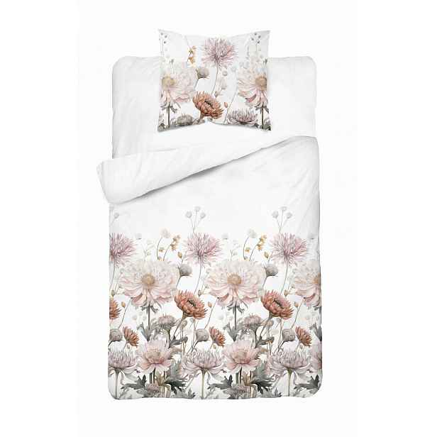 Povlečení 140x200 Bílá s pudrovými květy – romantická elegance