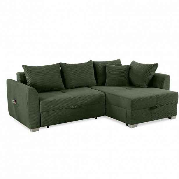luma-home ROHOVÁ POHOVKA s funkcí rozkládání a úložným prostorem, 236 × 160 × 81 cm (Š×H×V), ležecká plocha 142 × 202 cm, zelený manšestr / 15207