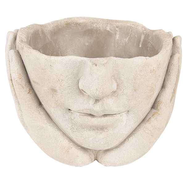 Béžový cementový květináč hlava ženy v dlaních S - 17*17*11 cm Clayre & Eef
