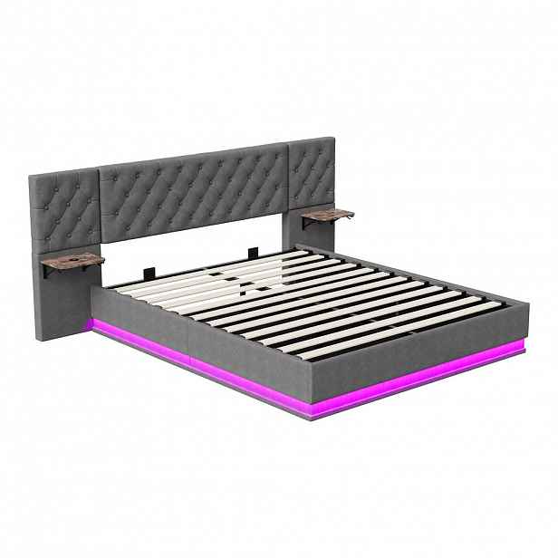 ČALOUNĚNÁ postel 160x200 cm šedá s RGB LED, úložným prostorem, USB-C a bezdrátovým nabíjením, lněný potah