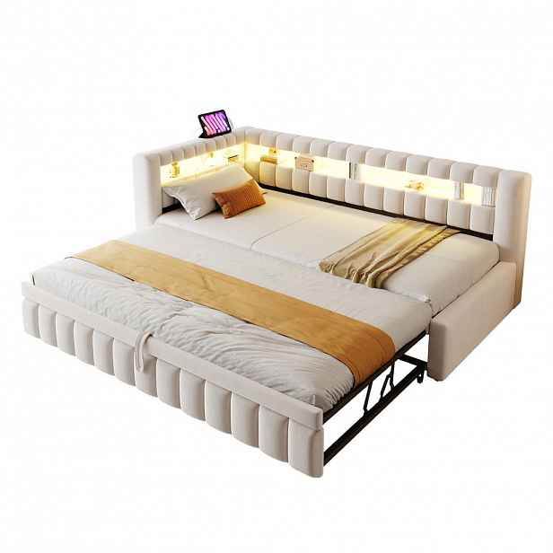 CHICFURN ROZKLÁDACÍ POHOVKA 90/200 cm v béžové barvě s výsuvným lůžkem, LED a USB