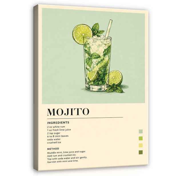 Obraz Drink Recept Mojito Kuchyňský Retro Do Kuchyně Baru Na Plátně 90x60