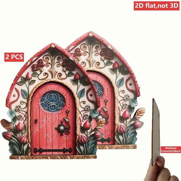 TEMU 2D plochý povrch, kreativní dřevěné dveře a víly, sada 2 ks. Mini 2D dveře . Dřevěné řemeslné malé dveře vhodné pro domov, dvůr a zahradu.