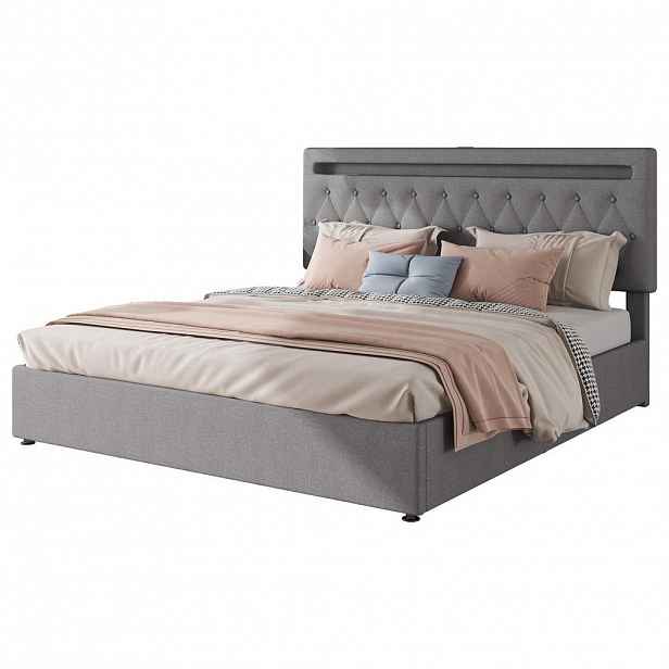 CHICFURN ČALOUNĚNÁ POSTEL 180/200 cm v šedé lněné látce s úložným prostorem, LED a USB