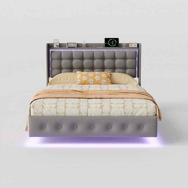 EuroLiving ČALOUNĚNÁ postel 140x200 cm plovoucí postel s LED a USB, sametová látka šedá manželská postel s lamelovým roštem