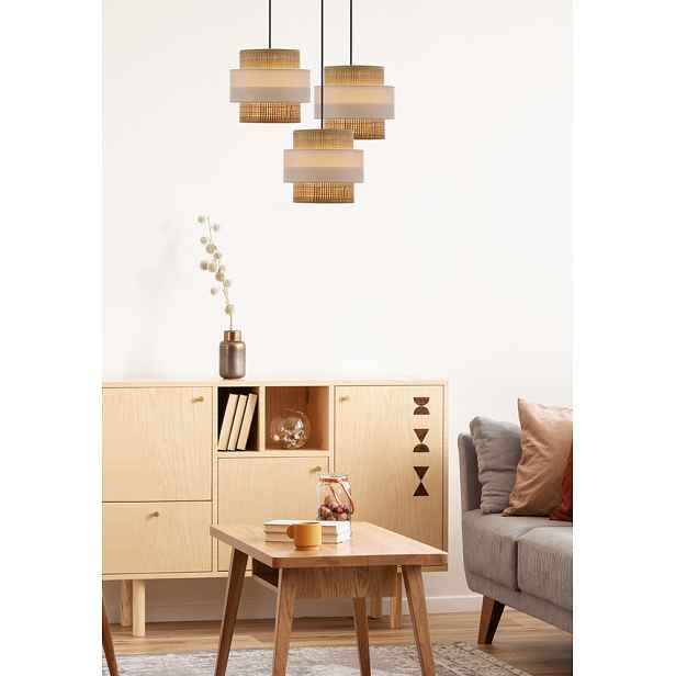 Závěsná lampa z ratanu, černá, deska, 3x40W, stínidlo E27, bílá+krémová