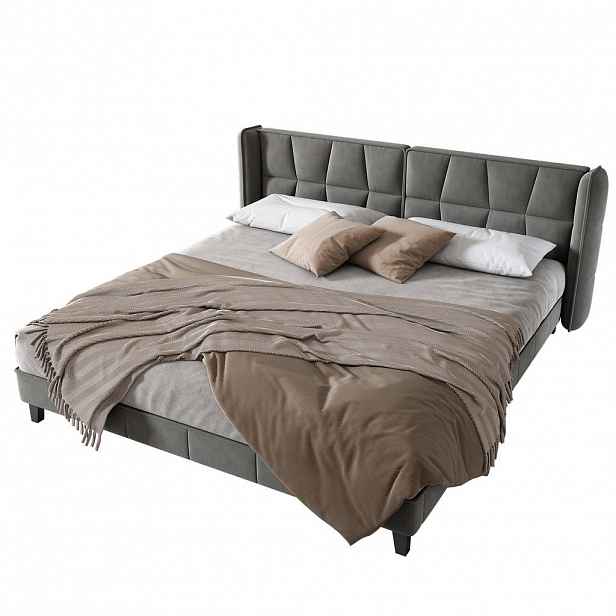 OKWISH ČALOUNĚNÁ postel 180/200 cm šedá ze sametu s roštem a vysokým čelem