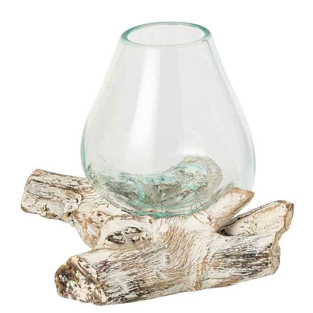 Skleněná váza z recyklovaného skla na dřevu Gamal White M - 20*20*20 cm J-Line by Jolipa