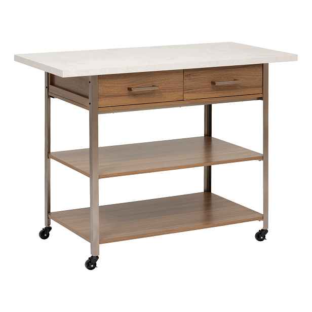 Mobilní Kuchyňský Ostrůvek Mdf 120 CM 2 Zásuvky, Hnědá Barva S Kolečky