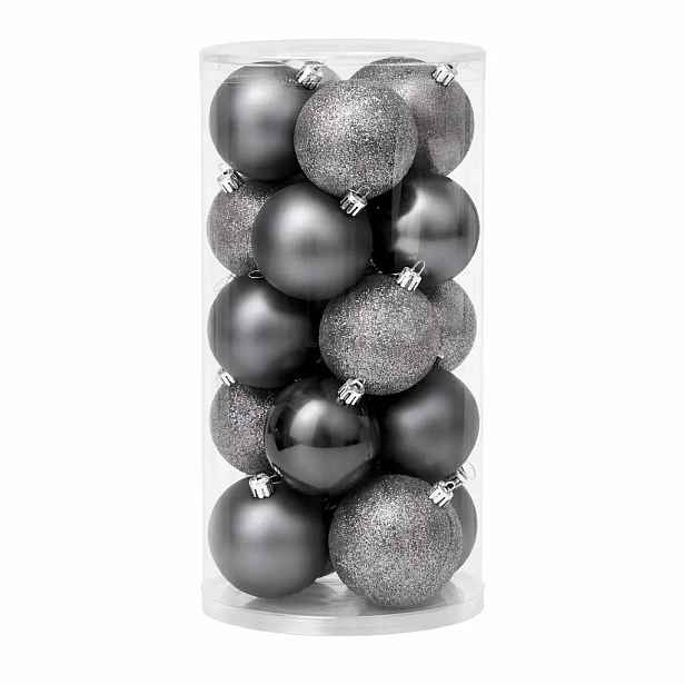 Sada vánočních ozdob šedá 8 cm plastové koule, 12× matná, 12× glitter, balení 24 baněk