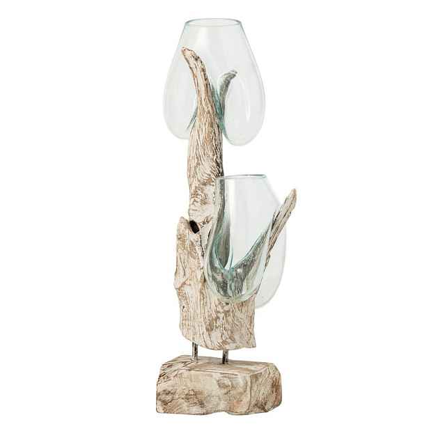 Skleněná váza z recyklovaného skla na dřevu Gamal White XL - 30*30*69 cm J-Line by Jolipa