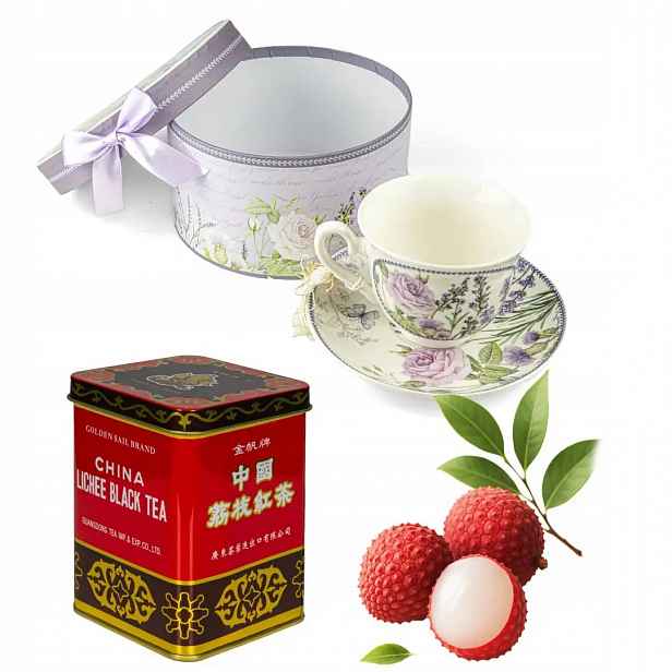 Dárková sada porcelánový šálek černý čaj s liči