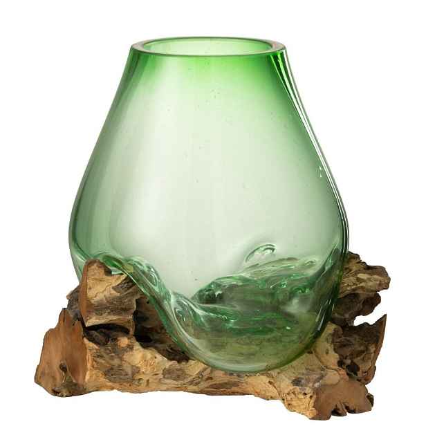 Zelená skleněná váza na dřevu Gamal L - 29*27*33 cm J-Line by Jolipa