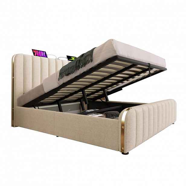 WISHDOR ČALOUNĚNÁ postel 180 × 200 cm v béžové barvě z lněného materiálu s úložným prostorem, USB a Type-C