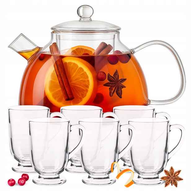 Skleněný džbán 1,3 l s víkem 6 sklenic s uchem 300 ml sada