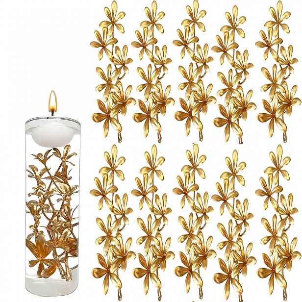 TEMU Sada 10 ks zlatých umělých květů na svíčky, navržených pro plovoucí svíčky, zdobených zlatými vázy s orchidejemi, ideální pro středové dekorace,