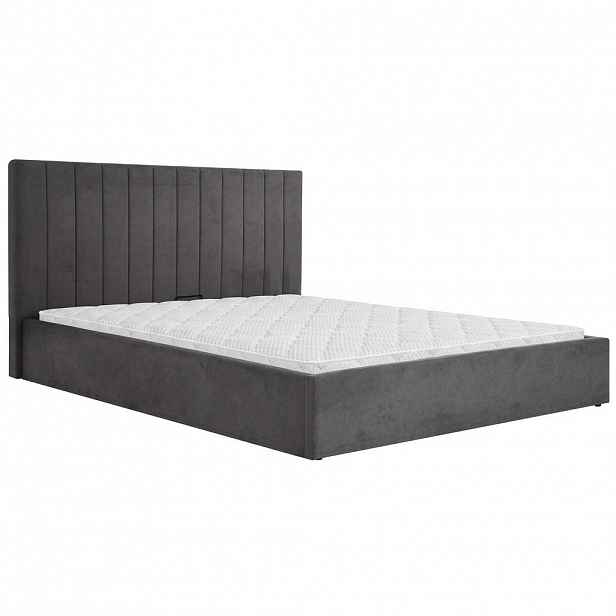 Beautysofa ČALOUNĚNÁ POSTEL Melvio, dvojlůžko 180 × 200 cm s úložným prostorem a pěnovou matrací 10 cm, tmavě šedá