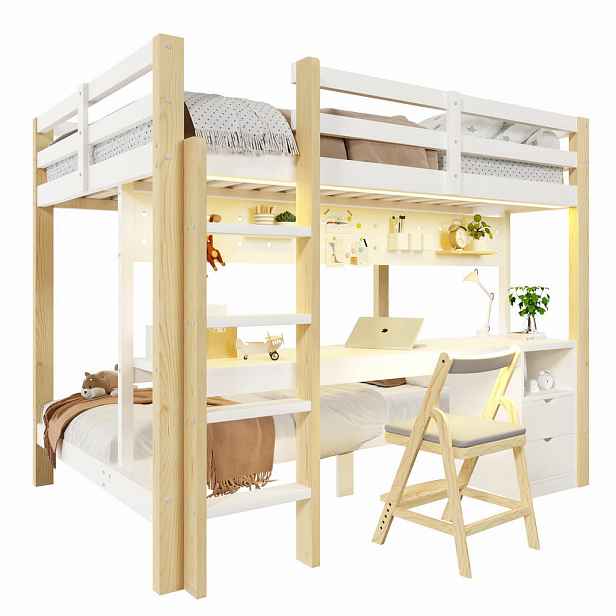 CHICFURN PATROVÁ POSTEL 140/200 cm & 90/200 cm v bílé a přírodní barvě se stolem a LED