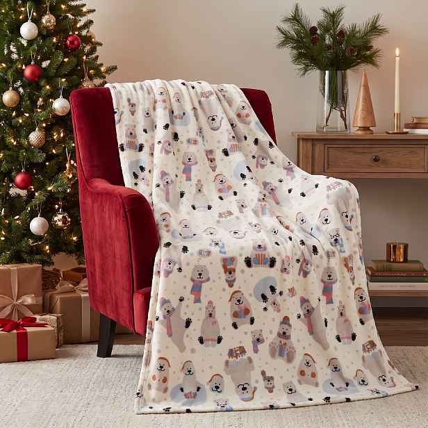 Vánoční deka z mikrovlákna SNOW PETS bílá 150x200 cm