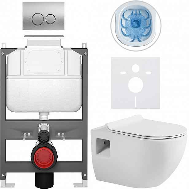 Kompletní WC set Basic/Dure - bílá lesklá - WC tlačítko Dualo/Stříbrná - ovládání shora - předstěnová instalace - 51x35 cm