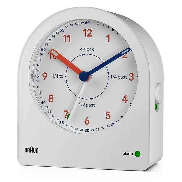 Bílý Ručičkový Budík Braun BC22TW Alarm Zdřímnutí Senzor Světla