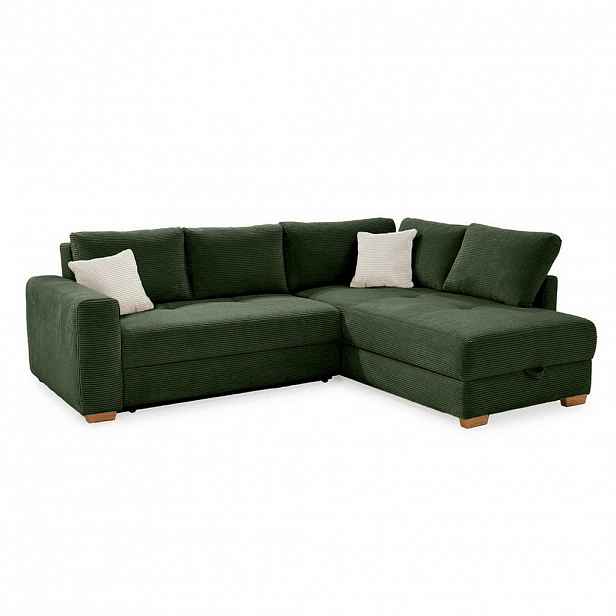 luma-home ROHOVÁ POHOVKA – PRO DLOUHODOBÉ SPÁNÍ: Boxspring, pružinová matrace, topper, úložný prostor, 257 × 206 × 85 cm (Š×H×V), zelený kord / 15213