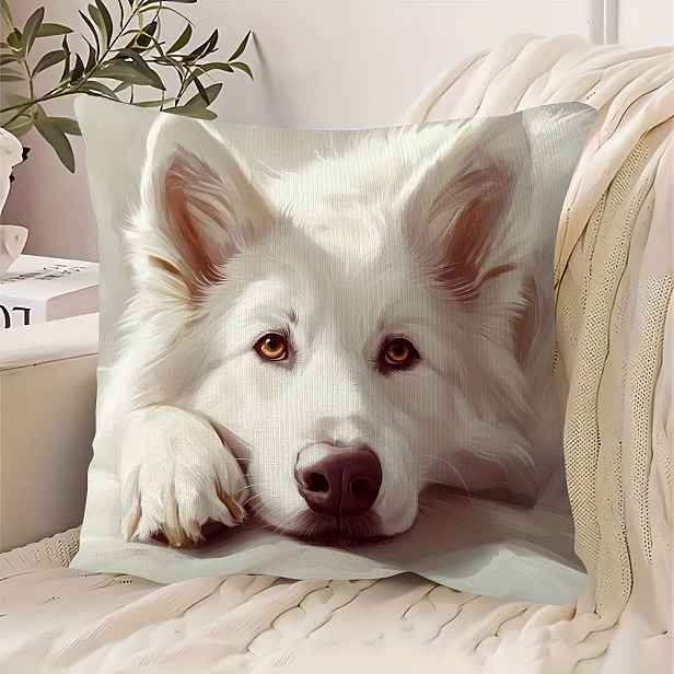 TEMU 1 Bílý Švýcarský Ovčák Potištěný Povlak na Polštář 45,72x45,72 cm – Stylová Polyesterová Dekorace do Domu, Oboustranný Tisk, Zipový Uzávěr,