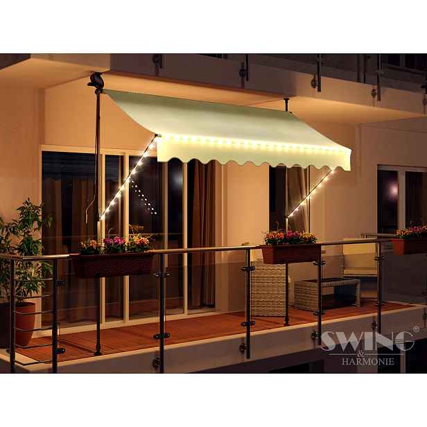 Balkonová/terasová Zaclonovací Markýza S Led Osvětlením, Upevnění Na Svorky, 350 cm, Krémová