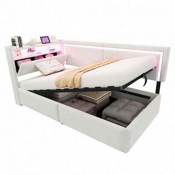 CHICFURN ROZKLÁDACÍ POHOVKA 90/200 cm v béžové barvě s LED osvětlením, USB a úložným prostorem