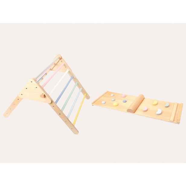 eliNeli Dřevěný Piklerové trojúhelník 59 cm set s montessori prknem - pastelový
