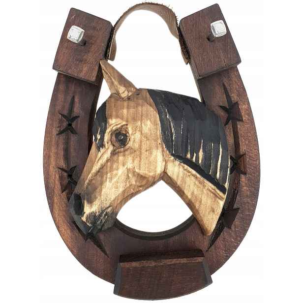 Vyřezávaný kůň Podkova pro štěstí, dřevěná, 17 cm