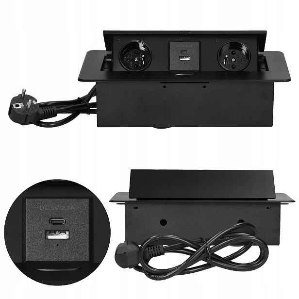 Zásuvka na desku s uzemněním a Usb A C zapuštěná do dvojité ocelové desky