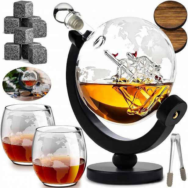 Sada Na Whisky Karafa Globus 900ML Loď 2 Sklenice Kostky Granit