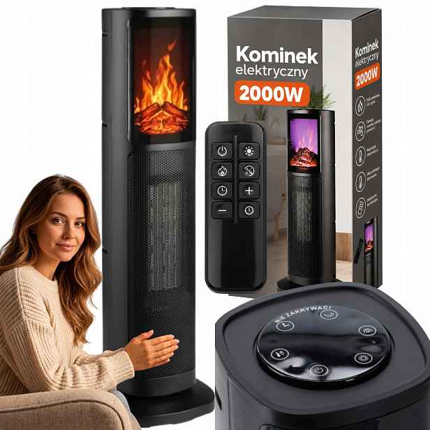 Elektrický Komínový Sloupový Radiátor S Termostatem, Oscilace, Černý 2000 W