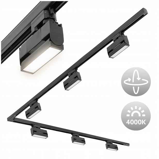 3-fázová kolejnicová lampa 2m+2m, spojka L, 6x Led lampa 12W