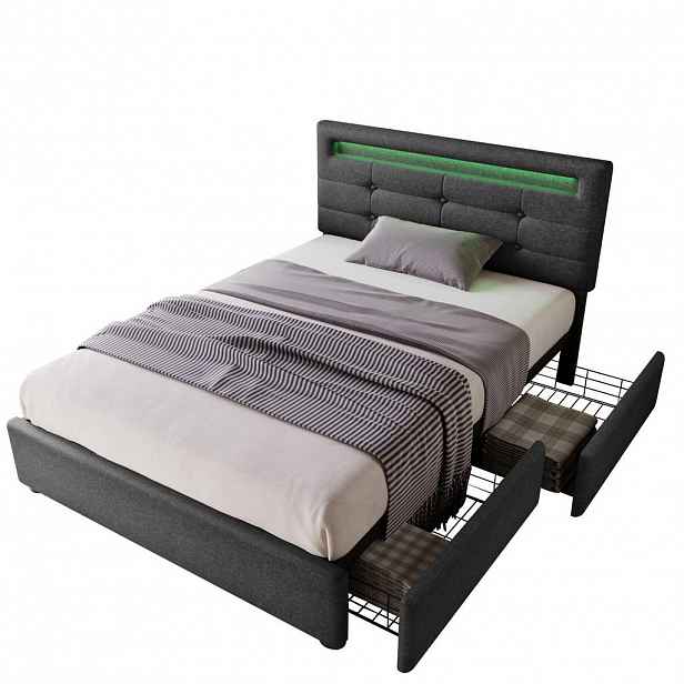 OKWISH ČALOUNĚNÁ postel 90/200 cm šedá z lnu s LED osvětlením a 2 zásuvkami