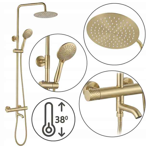 Stříkací sada s pohyblivým výtokem a termostatem Lungo Diamond Brush Gold