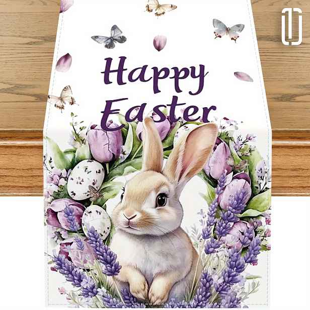 TEMU 1ks Veselý Velikonoční Běhoun na Stůl - 13x72 Palců, Živý Design Králíka & Levandule, Polyester, Pro Jarní Sváteční Dekoraci, Použití