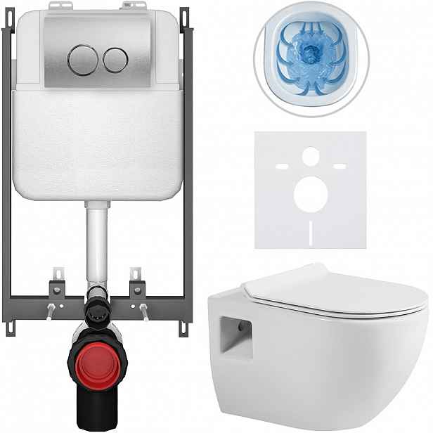 Kompletní WC set Basic/Dure - bílá lesklá - WC tlačítko Dualo/Stříbrná - pro zazdění - 51x35 cm