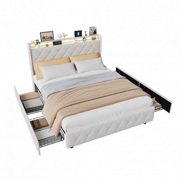 EuroLiving ČALOUNĚNÁ postel 140x200 cm se 4 zásuvkami, LED, USB a Type-C, čelo pro manželskou postel a lamelový rošt, béžová