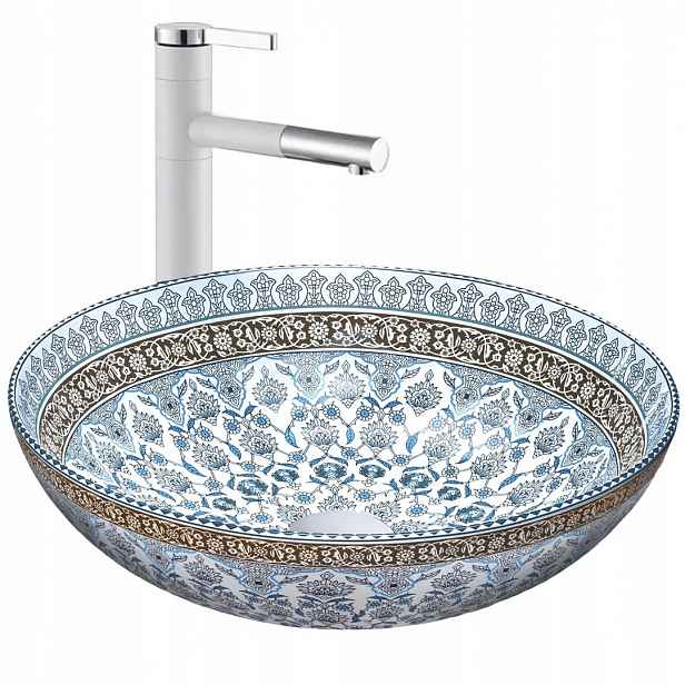 Umyvadlo na desku Arte Blue bílá keramika se zlatým vzorem